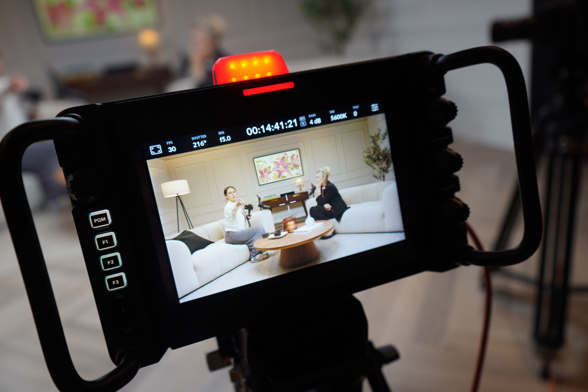 A camera monitor shows Dannielle Haig being interviewed on a cream sofa set during a podcast recording